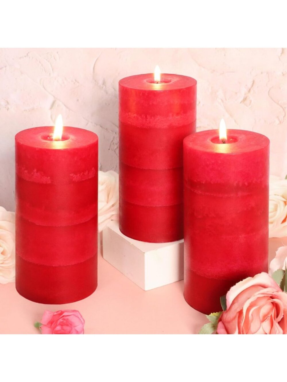 Luxury Red Scented Pillar Candles Set - 3x6 Inch Rose Aroma, Long Lasting